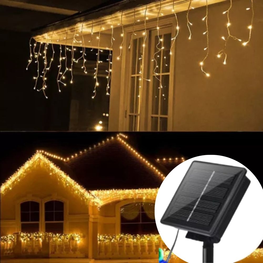 Instalatii craciun exterior alb cald 12m, 300 LED solara franjuri inegali cu telecomanda