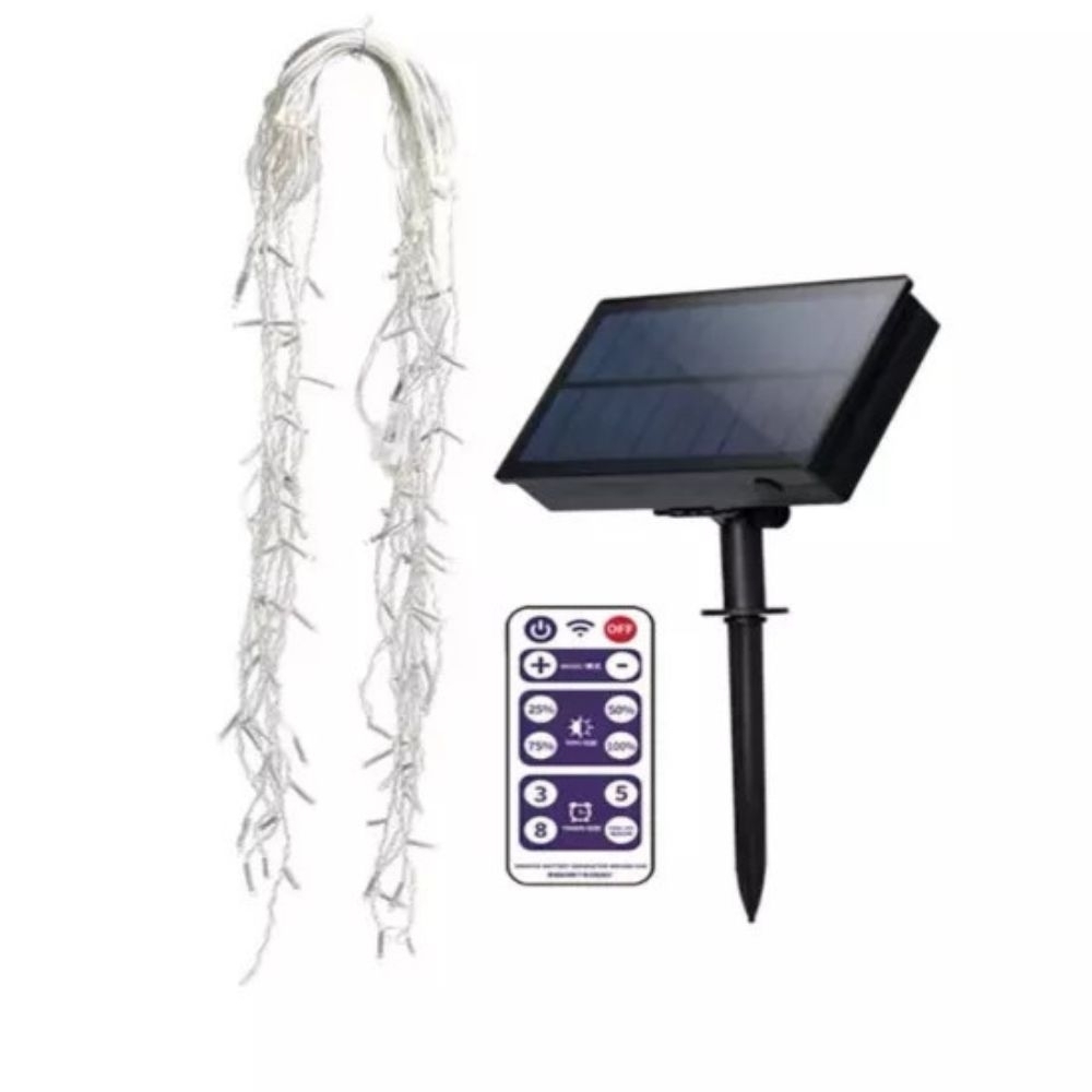 Instalatii craciun exterior alb rece 12m, 300 LED solara franjuri inegali cu telecomanda