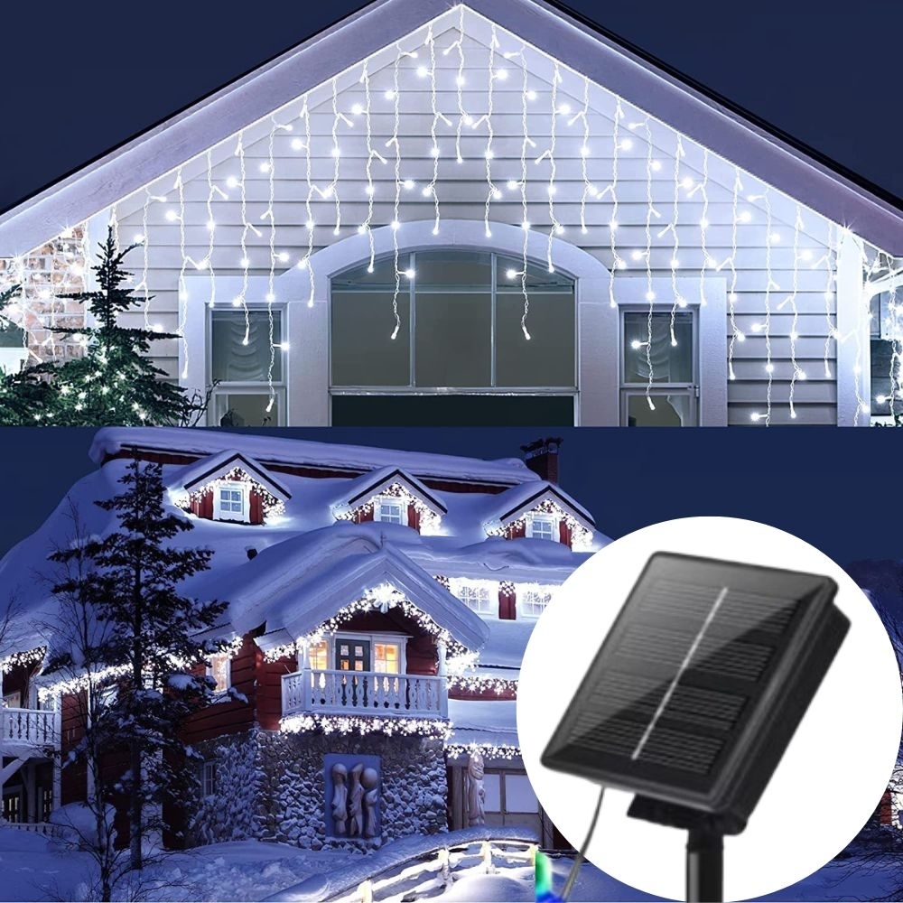 Instalatii craciun exterior alb rece 12m, 300 LED solara franjuri inegali cu telecomanda