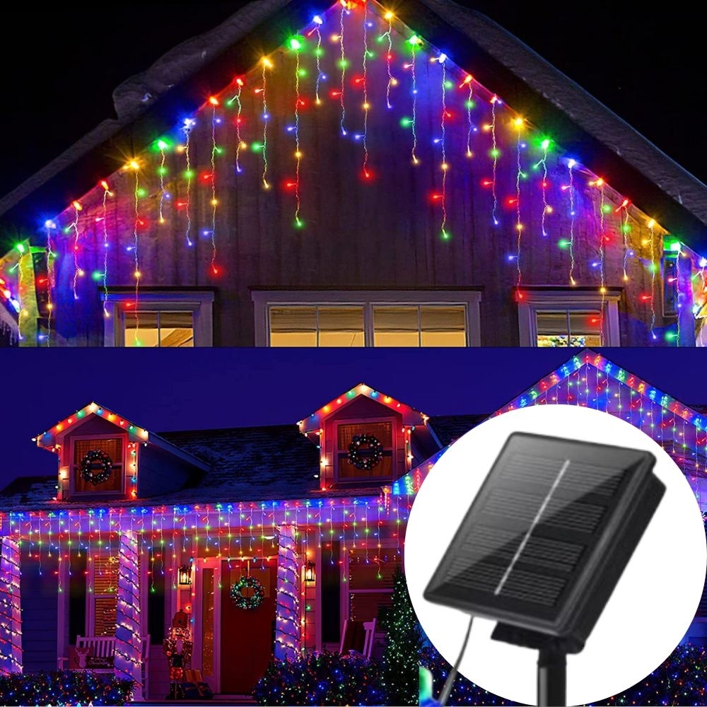 Instalatii craciun exterior multicolor 12m, 300 LED solara franjuri inegali cu telecomanda